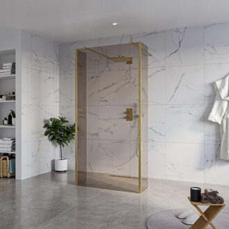 FortiFura Galeria Vrijstaande Inloopdouche - 100x200cm - Rookglas - antikalk - 8mm veiligheidsglas - 2 zijwanden 30cm - wandsteunen en hoekprofielen - Geborsteld Messing PVD (Goud) SW927770 2x/SW797940/SW797930 2x/SW798731 2x Messing geborsteld (goud)
