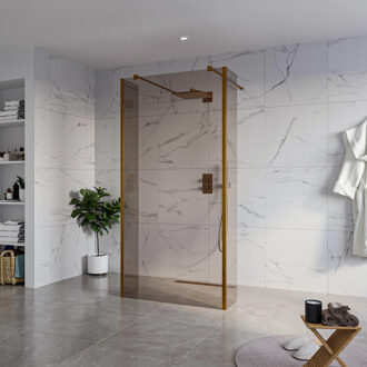 FortiFura Galeria Vrijstaande Inloopdouche - 100x200cm - Rookglas - antikalk - 8mm veiligheidsglas - 2 zijwanden 40cm - wandsteunen en hoekprofielen - Geborsteld koper PVD (Koper) SW927772 2x/SW797940/SW797934 2x/SW876703 2x Koper geborsteld