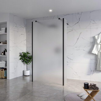 FortiFura Galeria Vrijstaande Inloopdouche - 110x200cm - Glas mat - antikalk - 8mm veiligheidsglas - 2 zijwanden 30cm - wandsteunen en hoekprofielen - Zwart mat SW927767 2x/SW915251/SW797931 2x/SW358025 2x