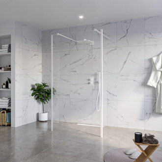 FortiFura Galeria Vrijstaande Inloopdouche - 110x200cm - Helder - antikalk - 8mm veiligheidsglas - 2 zijwanden 30cm - wandsteunen en hoekprofielen - Wit mat SW927768 2x/SW915250/SW797909 2x/SW541264 2x