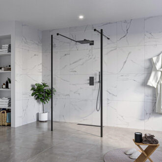 FortiFura Galeria Vrijstaande Inloopdouche - 110x200cm - Helder - antikalk - 8mm veiligheidsglas - 2 zijwanden 30cm - wandsteunen en hoekprofielen - Zwart mat SW927767 2x/SW915250/SW797909 2x/SW358025 2x