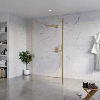 FortiFura Galeria Vrijstaande Inloopdouche - 110x200cm - Helder - antikalk - 8mm veiligheidsglas - 2 zijwanden 40cm - wandsteunen en hoekprofielen - Geborsteld Messing PVD (Goud) SW927770 2x/SW915250/SW797911 2x/SW798731 2x Messing geborsteld (goud)