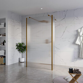 FortiFura Galeria Vrijstaande Inloopdouche - 110x200cm - Helder geribbeld - antikalk - 8mm veiligheidsglas - 2 zijwanden 30cm - wandsteunen en hoekprofielen - Geborsteld koper PVD (Koper) SW927772 2x/SW915253/SW797945 2x/SW876703 2x Koper geborsteld