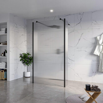 FortiFura Galeria Vrijstaande Inloopdouche - 110x200cm - Helder geribbeld - antikalk - 8mm veiligheidsglas - 2 zijwanden 30cm - wandsteunen en hoekprofielen - Zwart mat SW927767 2x/SW915253/SW797945 2x/SW358025 2x