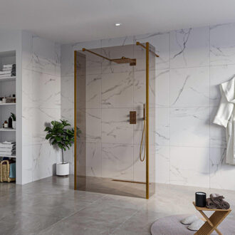 FortiFura Galeria Vrijstaande Inloopdouche - 110x200cm - Rookglas - antikalk - 8mm veiligheidsglas - 2 zijwanden 30cm - wandsteunen en hoekprofielen - Geborsteld koper PVD (Koper) SW927772 2x/SW915252/SW797930 2x/SW876703 2x Koper geborsteld