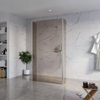 FortiFura Galeria Vrijstaande Inloopdouche - 110x200cm - Rookglas - antikalk - 8mm veiligheidsglas - 2 zijwanden 30cm - wandsteunen en hoekprofielen - Geborsteld RVS PVD (RVS) SW927769 2x/SW915252/SW797930 2x/SW798730 2x RVS geborsteld