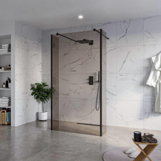 FortiFura Galeria Vrijstaande Inloopdouche - 110x200cm - Rookglas - antikalk - 8mm veiligheidsglas - 2 zijwanden 30cm - wandsteunen en hoekprofielen - Zwart mat SW927767 2x/SW915252/SW797930 2x/SW358025 2x