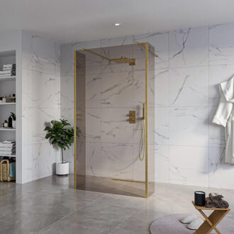 FortiFura Galeria Vrijstaande Inloopdouche - 110x200cm - Rookglas - antikalk - 8mm veiligheidsglas - 2 zijwanden 40cm - wandsteunen en hoekprofielen - Geborsteld Messing PVD (Goud) SW927770 2x/SW915252/SW797934 2x/SW798731 2x Messing geborsteld (goud)