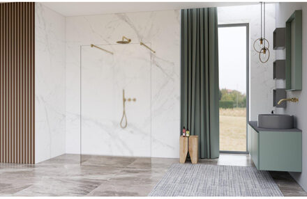 FortiFura Galeria Vrijstaande Inloopdouche - 120x200cm - Glas mat - antikalk - 8mm veiligheidsglas - wandsteunen - Geborsteld Messing PVD (Goud) SW927770 2x/SW797928 Messing geborsteld (goud)