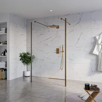 FortiFura Galeria Vrijstaande Inloopdouche - 120x200cm - Helder - antikalk - 8mm veiligheidsglas - 2 zijwanden 30cm - wandsteunen en hoekprofielen - Geborsteld koper PVD (Koper) SW927772 2x/SW797917/SW797909 2x/SW876703 2x Koper geborsteld