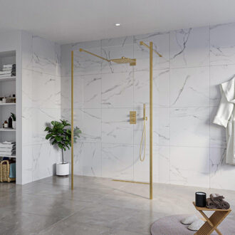 FortiFura Galeria Vrijstaande Inloopdouche - 120x200cm - Helder - antikalk - 8mm veiligheidsglas - 2 zijwanden 30cm - wandsteunen en hoekprofielen - Geborsteld Messing PVD (Goud) SW927770 2x/SW797917/SW797909 2x/SW798731 2x Messing geborsteld (goud)