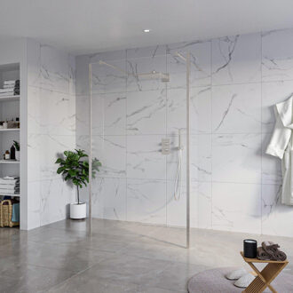 FortiFura Galeria Vrijstaande Inloopdouche - 120x200cm - Helder - antikalk - 8mm veiligheidsglas - 2 zijwanden 30cm - wandsteunen en hoekprofielen - Geborsteld RVS PVD (RVS) SW927769 2x/SW797917/SW797909 2x/SW798730 2x RVS geborsteld