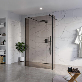 FortiFura Galeria Vrijstaande Inloopdouche - 120x200cm - Rookglas - antikalk - 8mm veiligheidsglas - 2 zijwanden 30cm - wandsteunen en hoekprofielen - Zwart mat SW927767 2x/SW797944/SW797930 2x/SW358025 2x