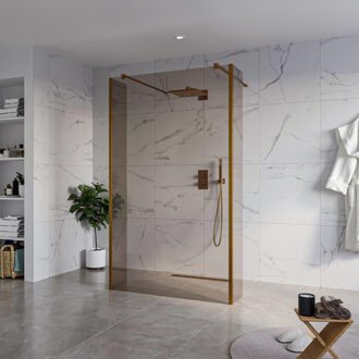 FortiFura Galeria Vrijstaande Inloopdouche - 120x200cm - Rookglas - antikalk - 8mm veiligheidsglas - 2 zijwanden 40cm - wandsteunen en hoekprofielen - Geborsteld koper PVD (Koper) SW927772 2x/SW797944/SW797934 2x/SW876703 2x Koper geborsteld