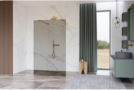 FortiFura Galeria Vrijstaande Inloopdouche - 120x200cm - Rookglas - antikalk - 8mm veiligheidsglas - wandsteunen - Geborsteld koper PVD (Koper) SW927772 2x/SW797944 Koper geborsteld
