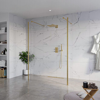 FortiFura Galeria Vrijstaande Inloopdouche - 140x200cm - Helder - antikalk - 8mm veiligheidsglas - 2 zijwanden 30cm - wandsteunen en hoekprofielen - Geborsteld Messing PVD (Goud) SW927770 2x/SW797916/SW797909 2x/SW798731 2x Messing geborsteld (goud)