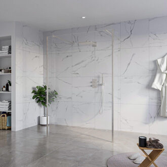 FortiFura Galeria Vrijstaande Inloopdouche - 140x200cm - Helder - antikalk - 8mm veiligheidsglas - 2 zijwanden 30cm - wandsteunen en hoekprofielen - Geborsteld RVS PVD (RVS) SW927769 2x/SW797916/SW797909 2x/SW798730 2x RVS geborsteld