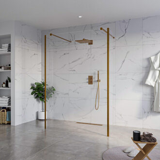 FortiFura Galeria Vrijstaande Inloopdouche - 140x200cm - Helder - antikalk - 8mm veiligheidsglas - 2 zijwanden 40cm - wandsteunen en hoekprofielen - Geborsteld koper PVD (Koper) SW927772 2x/SW797916/SW797911 2x/SW876703 2x Koper geborsteld