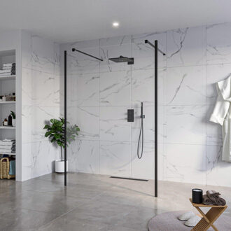 FortiFura Galeria Vrijstaande Inloopdouche - 140x200cm - Helder - antikalk - 8mm veiligheidsglas - 2 zijwanden 40cm - wandsteunen en hoekprofielen - Zwart mat SW927767 2x/SW797916/SW797911 2x/SW358025 2x