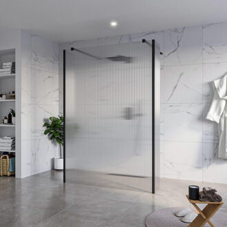 FortiFura Galeria Vrijstaande Inloopdouche - 140x200cm - Helder geribbeld - antikalk - 8mm veiligheidsglas - 2 zijwanden 30cm - wandsteunen en hoekprofielen - Zwart mat SW927767 2x/SW797954/SW797945 2x/SW358025 2x