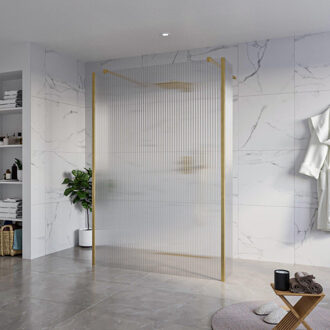 FortiFura Galeria Vrijstaande Inloopdouche - 140x200cm - Helder geribbeld - antikalk - 8mm veiligheidsglas - 2 zijwanden 40cm - wandsteunen en hoekprofielen - Geborsteld Messing PVD (Goud) SW927770 2x/SW797954/SW797948 2x/SW798731 2x Messing geborsteld (goud)