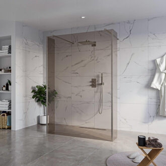 FortiFura Galeria Vrijstaande Inloopdouche - 140x200cm - Rookglas - antikalk - 8mm veiligheidsglas - 2 zijwanden 30cm - wandsteunen en hoekprofielen - Geborsteld Gunmetal PVD SW927771 2x/SW797946/SW797930 2x/SW798732 2x Gunmetal geborsteld (antraciet)