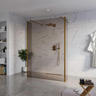 FortiFura Galeria Vrijstaande Inloopdouche - 140x200cm - Rookglas - antikalk - 8mm veiligheidsglas - 2 zijwanden 40cm - wandsteunen en hoekprofielen - Geborsteld koper PVD (Koper) SW927772 2x/SW797946/SW797934 2x/SW876703 2x Koper geborsteld