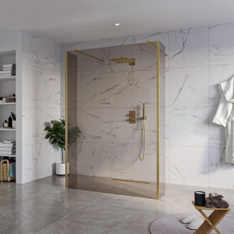 FortiFura Galeria Vrijstaande Inloopdouche - 140x200cm - Rookglas - antikalk - 8mm veiligheidsglas - 2 zijwanden 40cm - wandsteunen en hoekprofielen - Geborsteld Messing PVD (Goud) SW927770 2x/SW797946/SW797934 2x/SW798731 2x Messing geborsteld (goud)