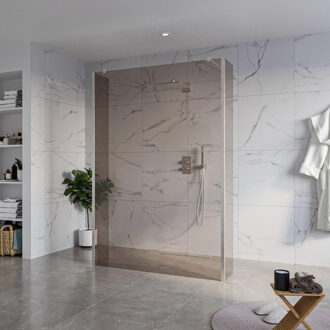 FortiFura Galeria Vrijstaande Inloopdouche - 140x200cm - Rookglas - antikalk - 8mm veiligheidsglas - 2 zijwanden 40cm - wandsteunen en hoekprofielen - Geborsteld RVS PVD (RVS) SW927769 2x/SW797946/SW797934 2x/SW798730 2x RVS geborsteld