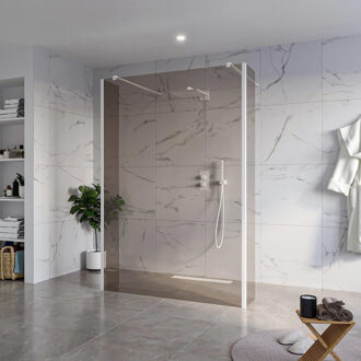 FortiFura Galeria Vrijstaande Inloopdouche - 140x200cm - Rookglas - antikalk - 8mm veiligheidsglas - 2 zijwanden 40cm - wandsteunen en hoekprofielen - Wit mat SW927768 2x/SW797946/SW797934 2x/SW541264 2x