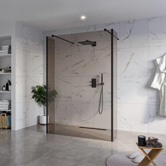 FortiFura Galeria Vrijstaande Inloopdouche - 140x200cm - Rookglas - antikalk - 8mm veiligheidsglas - 2 zijwanden 40cm - wandsteunen en hoekprofielen - Zwart mat SW927767 2x/SW797946/SW797934 2x/SW358025 2x