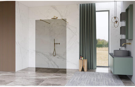 FortiFura Galeria Vrijstaande Inloopdouche - 140x200cm - Rookglas - antikalk - 8mm veiligheidsglas - wandsteunen - Geborsteld Messing PVD (Goud) SW927770 2x/SW797946 Messing geborsteld (goud)