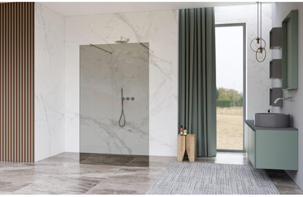 FortiFura Galeria Vrijstaande Inloopdouche - 140x200cm - Rookglas - antikalk - 8mm veiligheidsglas - wandsteunen - Geborsteld RVS PVD (RVS) SW927769 2x/SW797946 RVS geborsteld