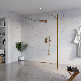 FortiFura Galeria Vrijstaande Inloopdouche - 160x200cm - Helder - antikalk - 8mm veiligheidsglas - 2 zijwanden 30cm - wandsteunen en hoekprofielen - Geborsteld koper PVD (Koper) SW927772 2x/SW797918/SW797909 2x/SW876703 2x Koper geborsteld