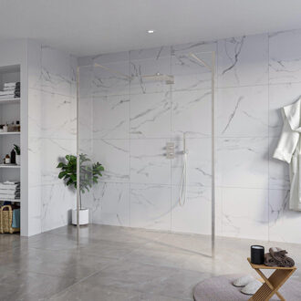 FortiFura Galeria Vrijstaande Inloopdouche - 160x200cm - Helder - antikalk - 8mm veiligheidsglas - 2 zijwanden 30cm - wandsteunen en hoekprofielen - Geborsteld RVS PVD (RVS) SW927769 2x/SW797918/SW797909 2x/SW798730 2x RVS geborsteld