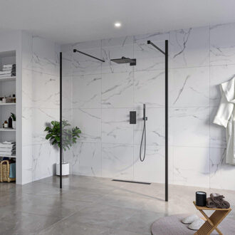 FortiFura Galeria Vrijstaande Inloopdouche - 160x200cm - Helder - antikalk - 8mm veiligheidsglas - 2 zijwanden 40cm - wandsteunen en hoekprofielen - Zwart mat SW927767 2x/SW797918/SW797911 2x/SW358025 2x