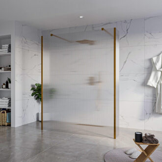 FortiFura Galeria Vrijstaande Inloopdouche - 160x200cm - Helder geribbeld - antikalk - 8mm veiligheidsglas - 2 zijwanden 30cm - wandsteunen en hoekprofielen - Geborsteld koper PVD (Koper) SW927772 2x/SW797956/SW797945 2x/SW876703 2x Koper geborsteld