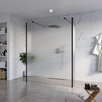 FortiFura Galeria Vrijstaande Inloopdouche - 160x200cm - Helder geribbeld - antikalk - 8mm veiligheidsglas - 2 zijwanden 30cm - wandsteunen en hoekprofielen - Zwart mat SW927767 2x/SW797956/SW797945 2x/SW358025 2x