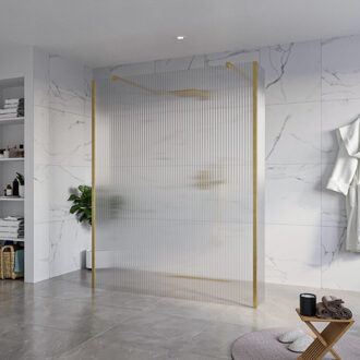 FortiFura Galeria Vrijstaande Inloopdouche - 160x200cm - Helder geribbeld - antikalk - 8mm veiligheidsglas - 2 zijwanden 40cm - wandsteunen en hoekprofielen - Geborsteld Messing PVD (Goud) SW927770 2x/SW797956/SW797948 2x/SW798731 2x Messing geborsteld (goud)