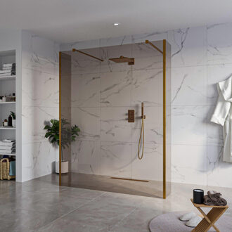 FortiFura Galeria Vrijstaande Inloopdouche - 160x200cm - Rookglas - antikalk - 8mm veiligheidsglas - 2 zijwanden 30cm - wandsteunen en hoekprofielen - Geborsteld koper PVD (Koper) SW927772 2x/SW797942/SW797930 2x/SW876703 2x Koper geborsteld