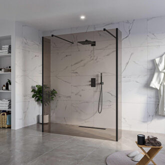 FortiFura Galeria Vrijstaande Inloopdouche - 160x200cm - Rookglas - antikalk - 8mm veiligheidsglas - 2 zijwanden 30cm - wandsteunen en hoekprofielen - Zwart mat SW927767 2x/SW797942/SW797930 2x/SW358025 2x