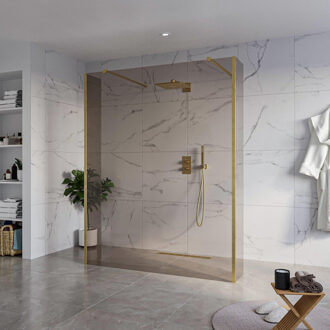 FortiFura Galeria Vrijstaande Inloopdouche - 160x200cm - Rookglas - antikalk - 8mm veiligheidsglas - 2 zijwanden 40cm - wandsteunen en hoekprofielen - Geborsteld Messing PVD (Goud) SW927770 2x/SW797942/SW797934 2x/SW798731 2x Messing geborsteld (goud)