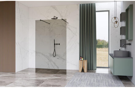 FortiFura Galeria Vrijstaande Inloopdouche - 160x200cm - Rookglas - antikalk - 8mm veiligheidsglas - wandsteunen - Geborsteld Gunmetal PVD SW927771 2x/SW797942 Gunmetal geborsteld (antraciet)
