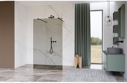 FortiFura Galeria Vrijstaande Inloopdouche - 160x200cm - Rookglas - antikalk - 8mm veiligheidsglas - wandsteunen - Zwart mat SW927767 2x/SW797942
