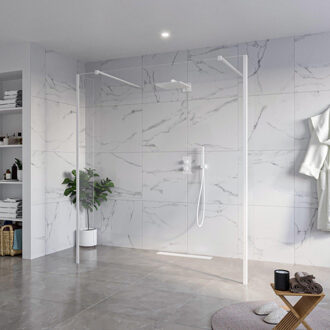 FortiFura Galeria Vrijstaande Inloopdouche - 180x200cm - Helder - antikalk - 8mm veiligheidsglas - 2 zijwanden 30cm - wandsteunen en hoekprofielen - Wit mat SW927768 2x/SW797920/SW797909 2x/SW541264 2x