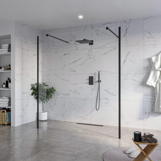 FortiFura Galeria Vrijstaande Inloopdouche - 180x200cm - Helder - antikalk - 8mm veiligheidsglas - 2 zijwanden 30cm - wandsteunen en hoekprofielen - Zwart mat SW927767 2x/SW797920/SW797909 2x/SW358025 2x