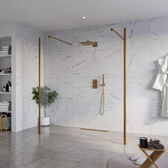 FortiFura Galeria Vrijstaande Inloopdouche - 180x200cm - Helder - antikalk - 8mm veiligheidsglas - 2 zijwanden 40cm - wandsteunen en hoekprofielen - Geborsteld koper PVD (Koper) SW927772 2x/SW797920/SW797911 2x/SW876703 2x Koper geborsteld