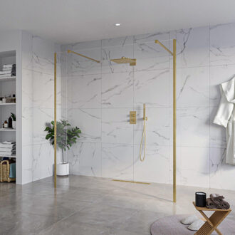 FortiFura Galeria Vrijstaande Inloopdouche - 180x200cm - Helder - antikalk - 8mm veiligheidsglas - 2 zijwanden 40cm - wandsteunen en hoekprofielen - Geborsteld Messing PVD (Goud) SW927770 2x/SW797920/SW797911 2x/SW798731 2x Messing geborsteld (goud)