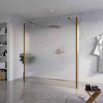 FortiFura Galeria Vrijstaande Inloopdouche - 180x200cm - Helder geribbeld - antikalk - 8mm veiligheidsglas - 2 zijwanden 30cm - wandsteunen en hoekprofielen - Geborsteld koper PVD (Koper) SW927772 2x/SW797957/SW797945 2x/SW876703 2x Koper geborsteld