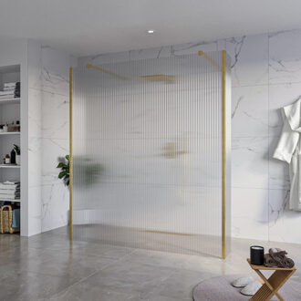 FortiFura Galeria Vrijstaande Inloopdouche - 180x200cm - Helder geribbeld - antikalk - 8mm veiligheidsglas - 2 zijwanden 30cm - wandsteunen en hoekprofielen - Geborsteld Messing PVD (Goud) SW927770 2x/SW797957/SW797945 2x/SW798731 2x Messing geborsteld (goud)